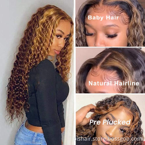 Human Hair Wigs Curly Highlight Brown Lace Front Wigs Ombre Deep Wave 13x4x1 Lace Wigs Pre Plucked with Baby Hair Blonde